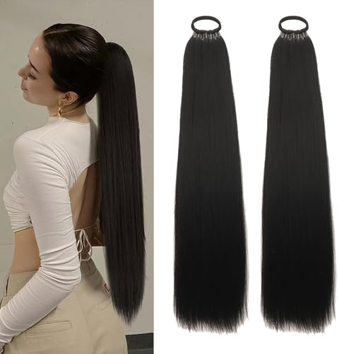 JDCMEI Lot de 2 Extension Cheveux Naturel Queue de Cheval, 70cm Raides Postiches Noir, Queue de Cheval Extension, Postiche Cheveux Naturel Longue, Ponytail Extensions pour Femme et Fille