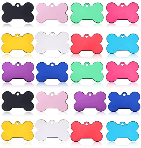 JIAKAI 20 Pcs 38MM Blank Bone Shape Pet ID ，Double Sided Blank Tag Dog Cat Pet Name Phone Number ID Tag Charm Personalized（Random Colors）