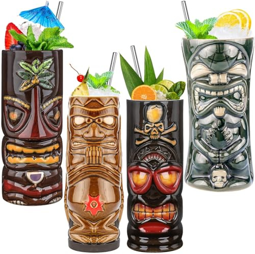 SuproBarware Tiki Tassen Set mit 4 großen Keramik-Tiki-Gläsern, hawaiianische Luau-Party-Tassen, Trinkgeschirr, Tiki-Bar-Tassen für Cocktails