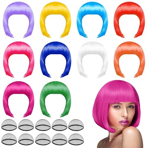 PLULON 10 Stück Party Perücken und 10 Stück Perückenkappen Set, Neon Kurz Bob Perücke Pack Kostüm Bunte Cosplay Perücke Tägliche Party Haarteile für Bachelorette Neon Party Favors, Halloween