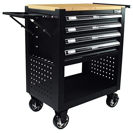 TRUTZHOLM Werkstattwagen Profi Compact Massive Holzplatte mit 4 Schubladen + Stauraum leer Montagewagen Werkzeugwagen Seitenablage (schwarz)