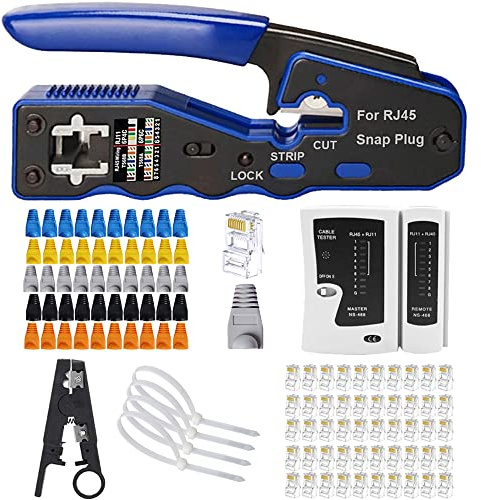 MAYLINEE Netzwerk Werkzeug Set CAT5 CAT6, Crimpzange RJ45 Patchkabel Wartung LAN Kabeltester Reparatur Zange für Netzwerkstecker Koax Crimper Stecker Crimpen, Punch Down CAT7 (BLUE)