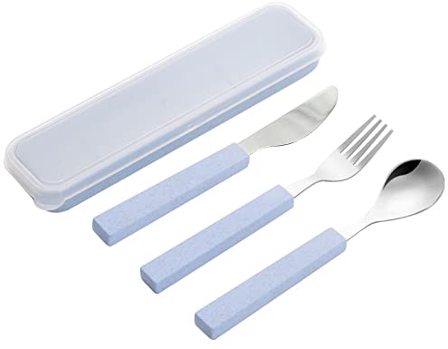 VANRA 3-teilig Kinderbesteck Set aus 18/10 Edelstahl, Campingbesteck Silberware Messer Löffel Gabel Set mit Reisekoffer für Kinder-Brotdose (Blau)