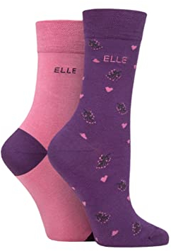 ELLE Ladies Bamboo Patterned and Plain Socks Pack of 2 Wild Rose 4-8