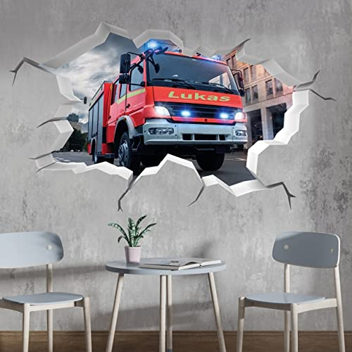 tjapalo® P62 3D Wandtattoo Mit Namen Feuerwehr Auto Wandaufkleber Kinderzimmer Junge Wandsticker Feuerwehr Kinder, Größe: B64xH37cm