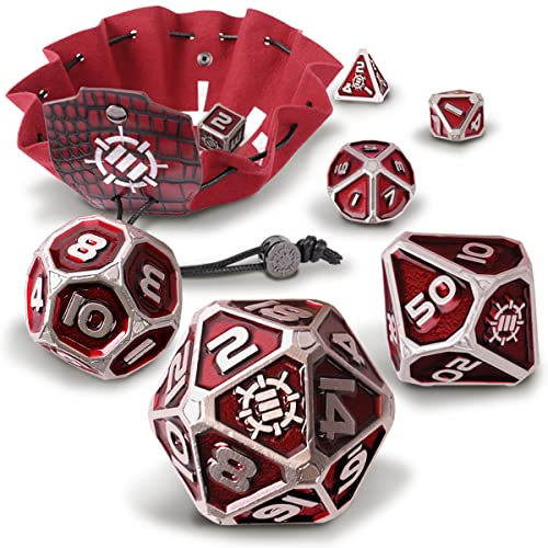 ENHANCE Würfelset aus Metall – 7 polyedrische Würfel mit 2-in-1-Würfeletui und Würfeltablett aus veganem Leder, Würfel aus massivem Metall für Dungeon and Dragon RPG (Rot Sammleredition)