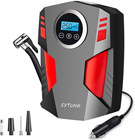 SYTUNG Kompressor 12v, Rragbare Luftkompressor Autoreifenpumpe mit 3 Düsenadaptern und Digitalen LED Leuchten für Autoreifen und Andere Aufblasbare Produkte, ROT