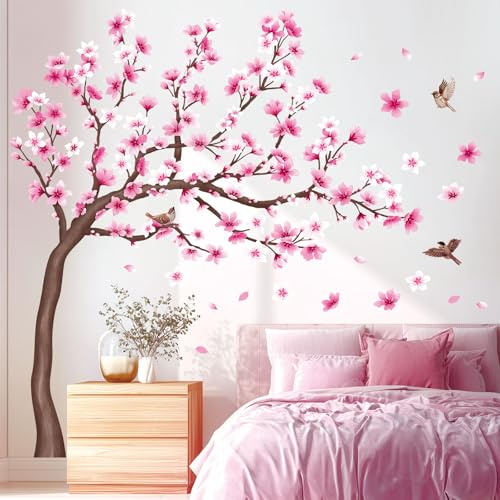 DECOWALL SG4-2306 Groß Kirschbaum Wandtattoo Baum Wandaufkleber Kirschblüte Blumen Rosa Wandsticker Schlafzimmer Wohnzimmer Kinderzimmer Wanddeko (H:141.4cm/55.7Inches)