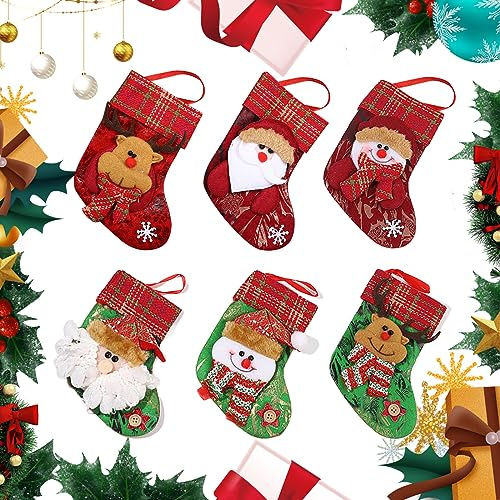 Lvjkes Christmas Stocking, Christmas Stocking Set of 6, 14.3CM Christmas Stockings Classic Stockings Santa, Snowman, Reindeer Xmas Character for Family Holiday Christmas Decorations, Red and Green