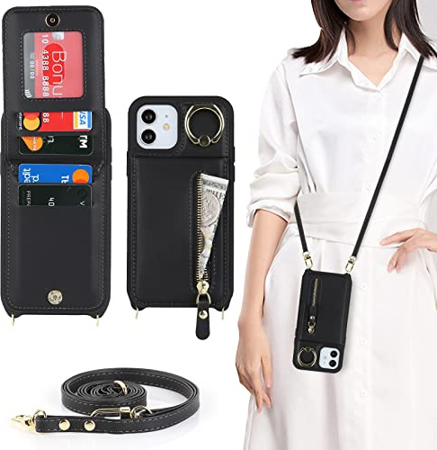 CAVOR Handykette iPhone 12/12 Pro Hülle Mit Band,Flip Leder Geldborse Handyhülle,[4 Kartenfach][Mit Ring Stander][Schnalle],Klapphülle Schutzhülle Handyhülle für iPhone 12/12 Pro - Schwarz
