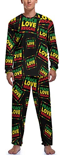 Peace Love Reggae - Conjunto de pijama suave para hombre, manga larga, parte superior e inferior, conjunto de ropa de dormir