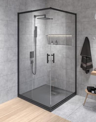 BADLAND Duschkabine Quadratisch 80x80 90x90 190 cm HELA Schwarz/Weiß, Eckdusche Duschabtrennung Transparent Glas 6 mm