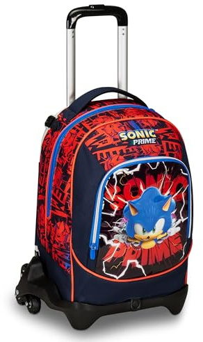 Sonic Schultrolley Jack mit 3 Rollen, Rot und Blau, Prime, 3 in 1, Dreifachverwendung, Rucksack mit abnehmbarem Wagen, Tasche für Trinkflasche und Crossover System, Schulrucksack für Reisen, Kinder