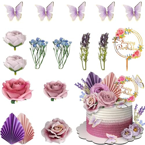 Boho Tortendeko Set - 17 Elemente inklusive Palmblatt-Verzierungen, Schmetterlinge und Blüten, Tortendeko Mädchen, Cake Topper für Geburtstagskuchen Deko, Hochzeits-Torten Deko und mehr