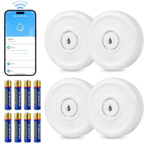 Fuers Wassermelder Wassrmelder WLAN 4 Stück Wassersensor 100dB Wassermelder Wasseralarm mit Batterie Wasserwächter WLAN Wasserstandssensor Wassersensor WLAN für Küchen Keller Badezimmer (2.4GHz WiFi)