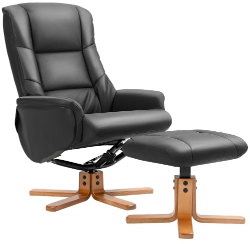 HOMCOM Relaxsessel mit Hocker, Liegefunktion, Kunstleder, Schwarz | Fernsehsessel, Wippfunktion, TV Sessel, für Wohnzimmer, Schlafzimmer