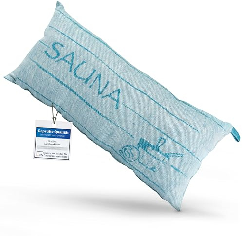 sositex | 1 Premium Saunakissen Lieblingskissen Reisekissen | Design: SAUNIA | Maße: 45 x 22 cm, Leinen/Baumwolle Hängematte, Strand oder Picknick (Petrol/White)