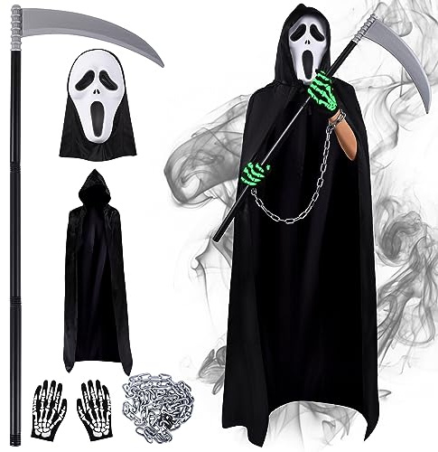 Herenear Scream Kostüm Erwachsene, Halloween Sensenmann Kostüm Set, Ghostface costume mit Ghost Maske, Handschuhen, Sense, Ketten, Halloween Karneval Horror Outfit für Herren Damen
