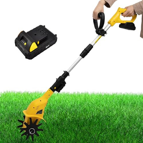Motozappa elettrica da Giardino, motozappa elettrica da 250 Giri/min con Lunghezza Regolabile 97-127 cm, Mini motozappa per Giardinaggio/Coltivazione del Terreno, Batteria Inclusa (Giallo)
