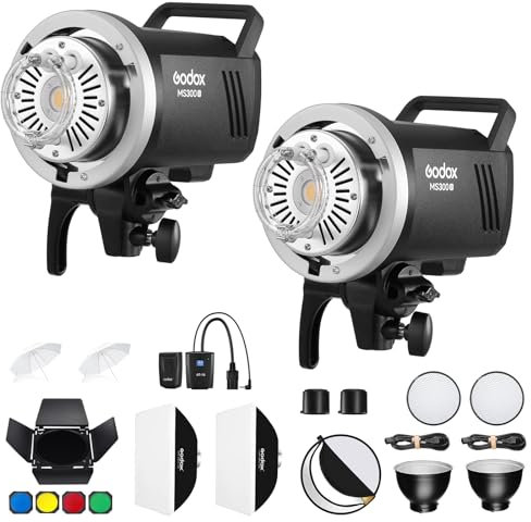 Godox MS300V 2-Pack Professional Studio Strobe Flash Light 300W Studio Flash Strobe kit 300W GN58 0.1-1.8 s Cycle Time 2.4 G X-System, 5600 ± 200K Flash with LED modelling light
