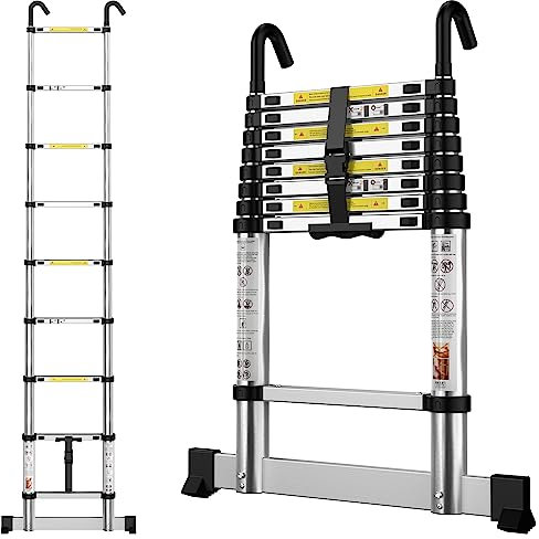 gymount Aluminium Teleskopleiter 2,6 m, Leiter Ausziehbar mit Stabilisator und Abnehmbaren Haken, Klappleiter, Mehrzweckleiter, Stehleiter, Haushaltsleiter, Außenleiter, 150 kg Belastbarkeit