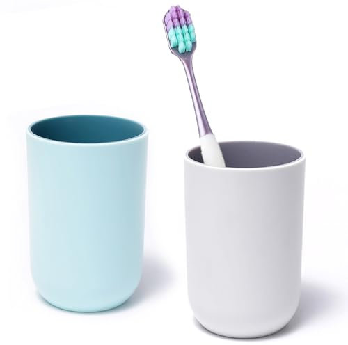 Zahnputzbecher 2 Stück, Wiederverwendbar Zahnputzbecher Kunststoff, Zahnbürstenbecher Set, Mundbecher Trinkbecher (Grau, Blau)