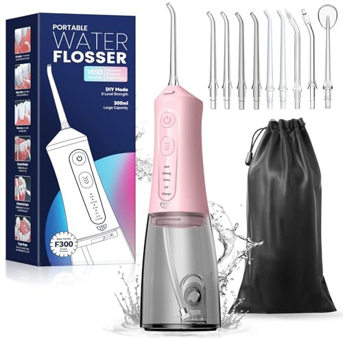 JTF Hydropulseur Jet Dentaire, Électrique Professionnel Irrigateur Oral Sans Fil - 4 Modes et 9 Buses, Réservoir 300ML, USB Chargé, IPX7 Étanche, Idéal pour Voyage(Rose)