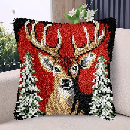 Red Christmas Tree and Reindeer DIY Latch Hook Kits Pillow with Printed Canvas Handmade Cushion Crochet Yarn Embroidery Hook and Latch Kit Pillowcase Christmas Decoration 43x43cm