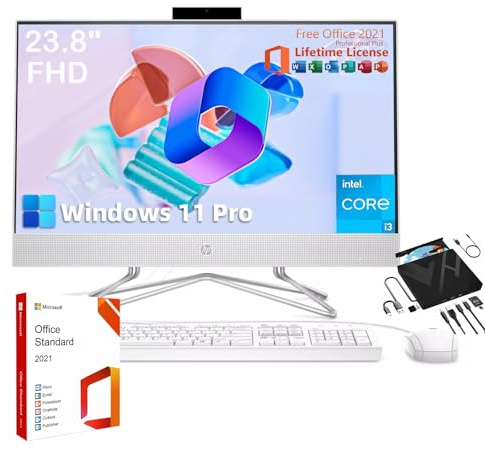 HP PC desktop all-in-one da 23,8, con licenza Microsoft Office a vita, display FHD, processore Intel i3 dual-core, webcam 720P, con tastiera e mouse cablati, Windows 11 Pro (16 GB di RAM | SSD da 512