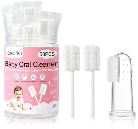 RoseFish 50 st baby tungrengörare för 0-36 månader inget lim engångsbaby mun oral rengöring spädbarn tandborste baby tandborste 3D mjuk spädbarn tungrengörare + 1 st fingertandborste
