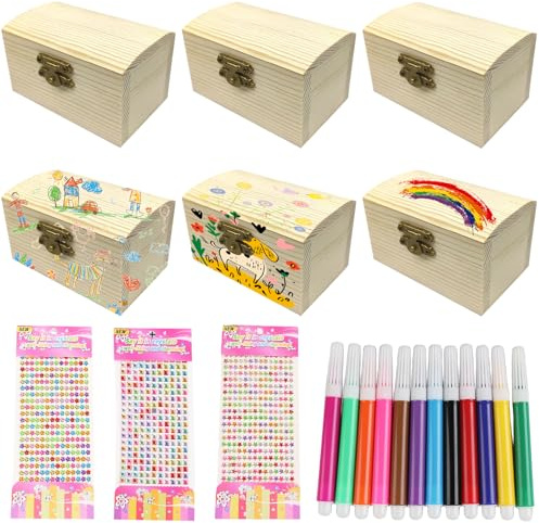 BAIFULAI Lot de 6 mini coffres au trésor en bois pour enfants - Avec couvercle et autocollants et stylo aquarelle de 12 couleurs - Rectangulaire - Pour fête de pirate, anniversaire, bricolage