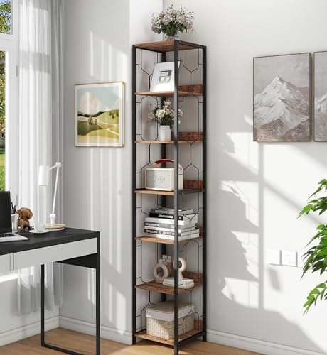 Trironsun Libreria a 6 livelli, angolare industriale, sottile per ufficio, torre quadrata rustica per piccoli spazi