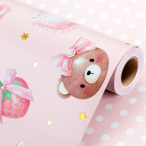 Wikadlik Geschenkpapier für Mädchen, Rosa, 43 cm x 10 m, Mini-Rolle, niedlicher Bär, Erdbeere, Schleife, Geschenkpapier für Geburtstag, Hochzeit, Valentinstag