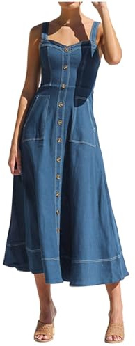 pvucpot Abito Lungo In Denim Abiti Lungo Da Donne Primavera Estate Abiti Vintage Alla Da Stile Semplice Donna Abito Casual Da Donna Maniche Corte Con Bottoni Jean