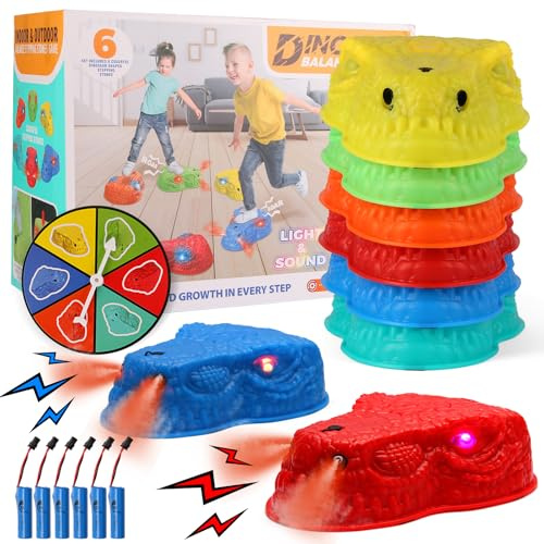 FIIOEOY 6 Pcs Dinosaur Stepping Stones for Kids, Light up Mist Spray & Roaring Non-Slip Balance Stepping Stones with 6 Rechargeable Batteries, Indoor & Outdoor Toys for Toddlers Ages 3-5