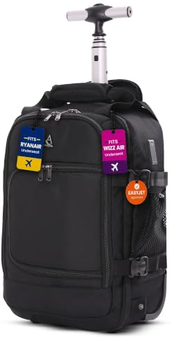 Aerolite Ryanair & Wizz Air Trolley Backpack Bag, 2 Wheels & USB Port | 2 Wheel with USB Charging Port, Carry On Flight Rucksack, Cabin Hand Luggage Bags, Fits 40x30x20, Black