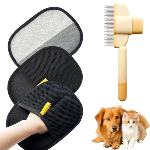 SKJAXF 3 Pack Petlova Sweep Gloves, 2 Static Removal Gloves Pet Hair with a Flea Comb for Cats, Electrostatic Pet Hair Remover Glove for Daily Grooming, Bathing and Bonding with Pets, 15x20cm