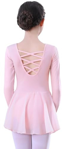 Ballettkleidung Mädchen Langarm-Ballettkleid Balletttrikot Baumwolle, Kinder Balletttrikot Tanzkleid Rosa Schwarz Tanzbody mit Rock (DE/NL/SE/PL, Numerisch, 110, Regular, Rosa)
