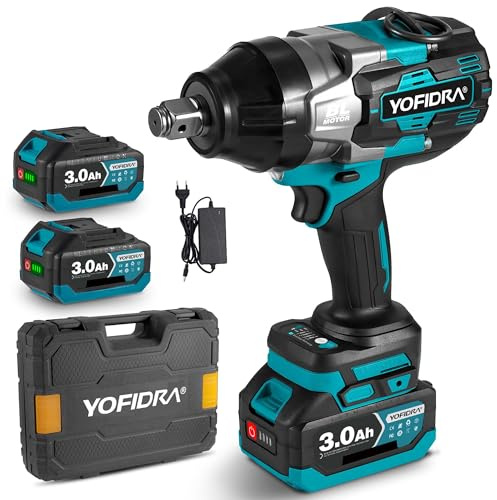 Yofidra Llave de impacto inalámbrica de 2100 Nm, 3/4, 20 V, sin escobillas, con 2 baterías de 3.0 Ah y cargador, 4 velocidades y luz LED, ideal para talleres, construcción y cambio de neumáticos