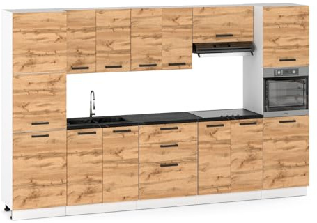 Küchenmöbelset 320cm,Einbau mit Ober- und Unterschränken, Hauswirtschafts- und Backofenbau, Modularküche zum Selbstmontagen ohne Haushaltsgeräte,Stil Modern Eiche Wotan