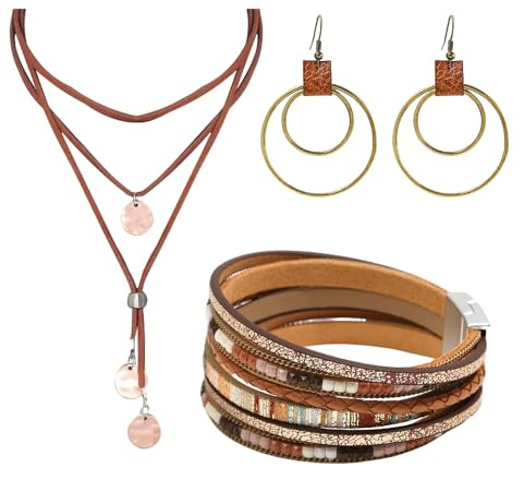 XFSRG Joyas De Mujer Conjunto De Joyas Bohemio Collar Con Colgante Pendientes De Aro Y Pulsera De Cuero Para Ocasiones Especiales