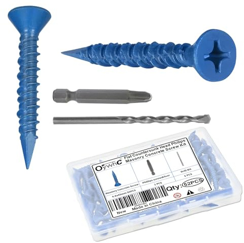 OywhC 50Pcs Masonry Concrete Screws 4.8mm x 45mm with Screwdriver & Drill Bit, Special Blue Coating, Flat Countersunk Head, Conical Diamond Tip, High-Low Threads, for Masonry/Concrete/Brick/Block