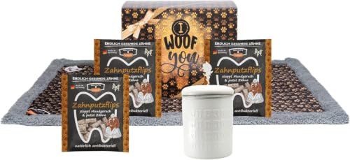 QCHEFS Glückskiste Hund Kuscheltuch Zahnputzflips Zahnpflege Hund Leckerli | Zahnpflege Leckerli als hypoallergen, kalorienarm, mit Schnuffeltuch, Edelstahldose, tolles Hundegeschenk