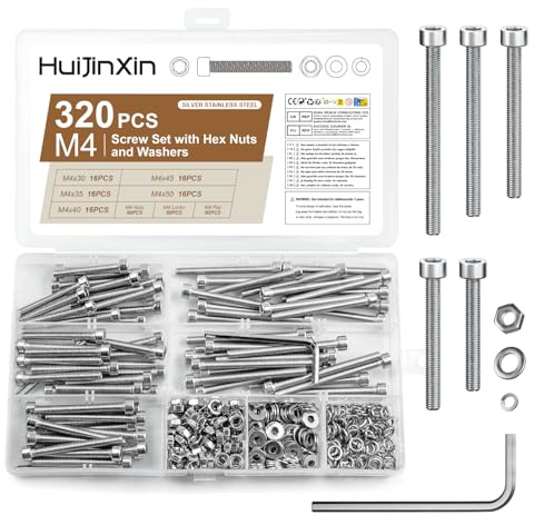 320 Pcs M4 Screws Set, Assorted Nuts and Bolts Set, Hex Socket Head Cap Screws Bolts and Nuts Sets, Stainless Steel Hex Socket Cap Head Machine Screw Assortment with Washers for DIY Repair