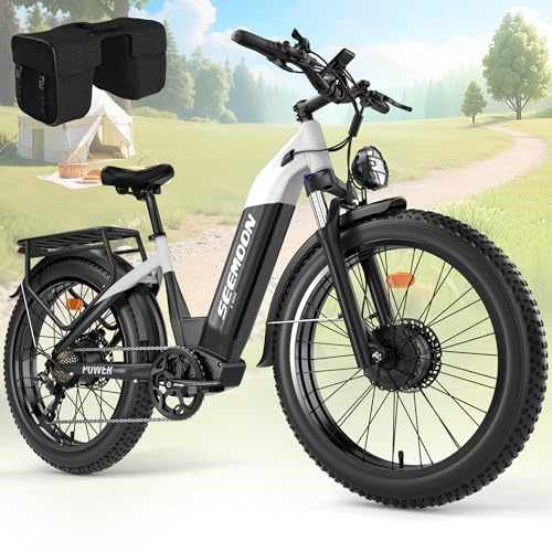 Seemoon Peak Ourput 4000W Electric Bike for Adults, 52V 20Ah Fast 26 Fat Tire Fast Step Thru Ebike,105 Miles,Hydraulic Brakes,Off-Road Mountain Hunting E-Bike for Men Women (Black with Bagpack)