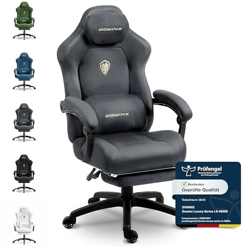 Dowinx Gaming Stuhl Ergonomisch mit Verstellbarem Lendenkissen, Mikrofaser-Velours, Dickes Sitzpolster, Ausziehbarer Fußstütze, Armlehnen Verstellbar, 160° Neigbar, Dunkelgrau