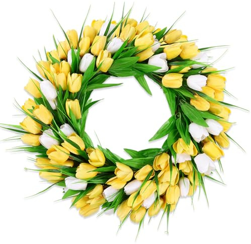 Enyhom Spring Tulip Front Door Wreath, 45cm Farmhouse Summer Wreaths for Indoor Outdoor, Lifelike Artificial Flower Wreath Decoration All Seasons Wall Home Decor All Year