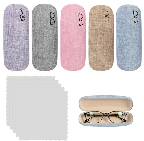 HURODZ 5 Stück Hardcase Brillenetui, Tragbare Brillenetui Leinen Brillenetui, Kratzfeste Brillenbox mit Brillenputztuch für Sonnenbrille Lesebrille Sportbrille (5 Farben)