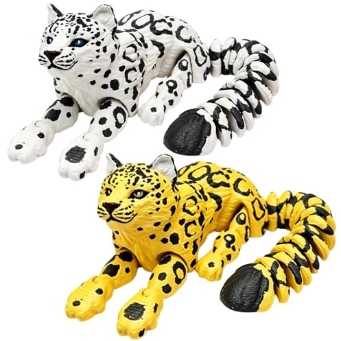 TUBAWD 2PCS 3D Printed Animals Set, 3D Animals Snow Leopard and Leopard, 3D Printed Cat Poseable Figure, 21 cm, 3D Printed Articulated Model for Desk Decor