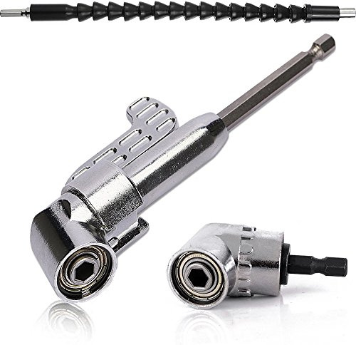 QISF 2Pcs 105 Degree 1/4 Inch Right Angle Drill Adapter Hex Shank Screwdriver Angled Bit Holder Power Drill Tool(1Pcs Short & 1Pcs Long) + 1Pcs Flexible Angle Extension Bit Kit for Screwdriver &Drill